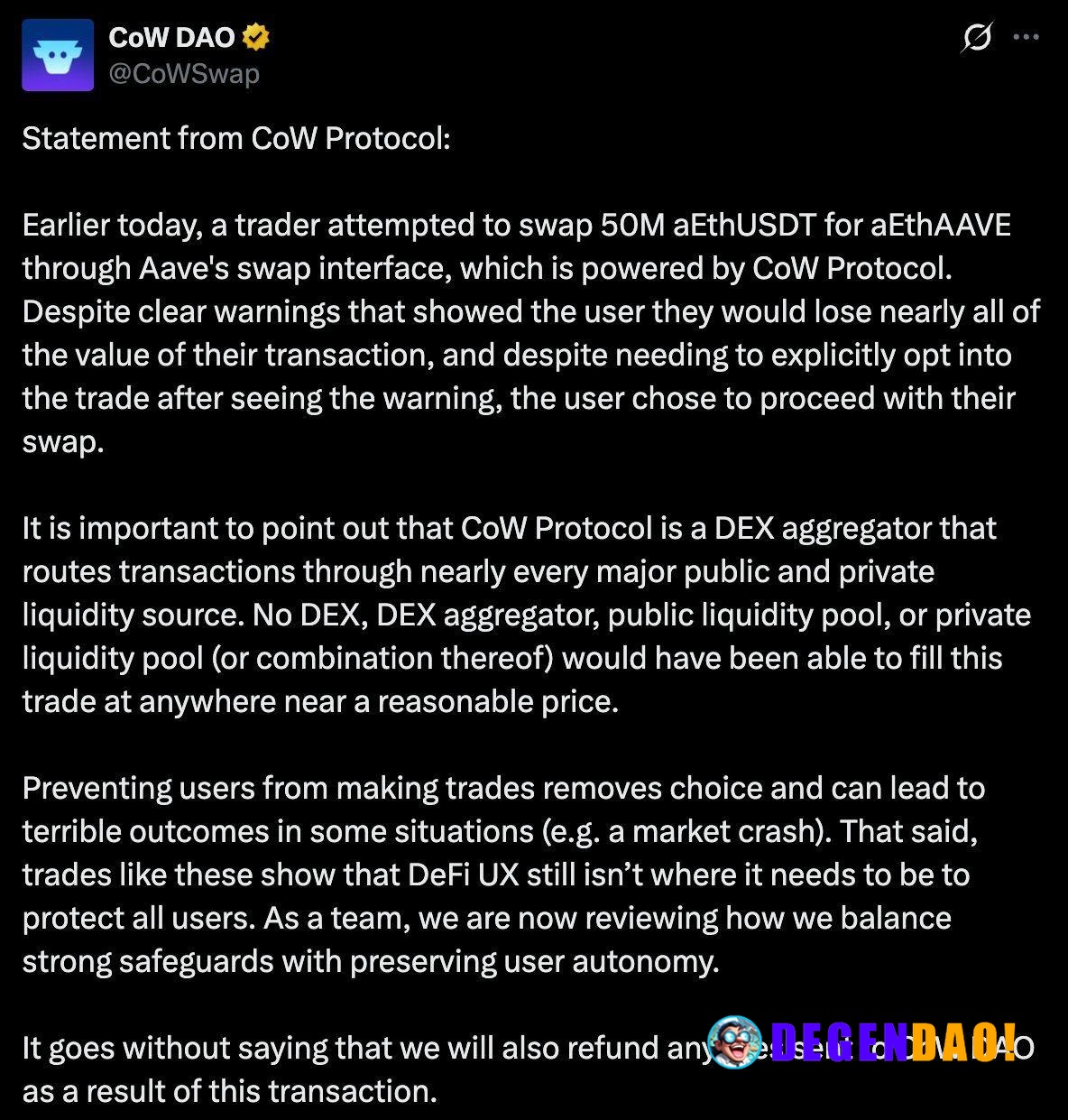 Statement from CoW Protocol > “No DEX, DEX aggregator, public liquidity pool, or private liquidity pool would have been ...