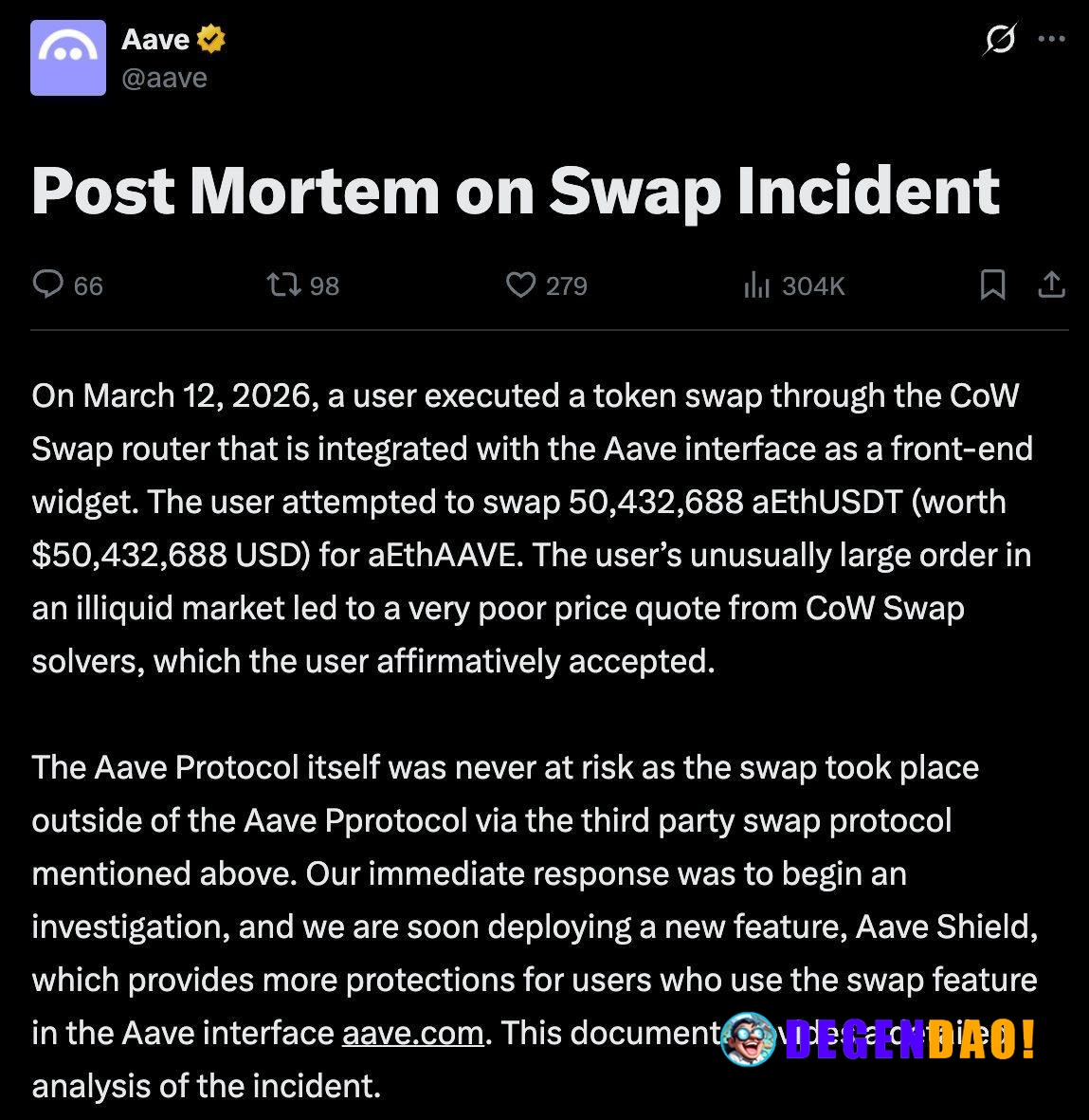 Aave: Post Mortem on Swap Incident > “The primary root cause was the routing of a large trade through a market with poor...