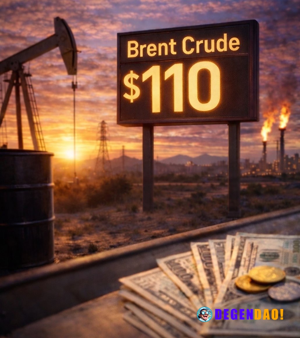 JUST IN: Brent crude oil surges to $110 following Israeli strikes on Iranian gas plant. _ 〽️ Crypto Pulse 👉 @degendaoinf...