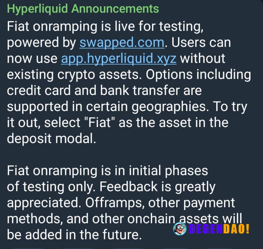 Hyperliquid Launches Fiat Onramp Testing for Credit Card and Bank Transfers > Hyperliquid now supports fiat deposits thr...
