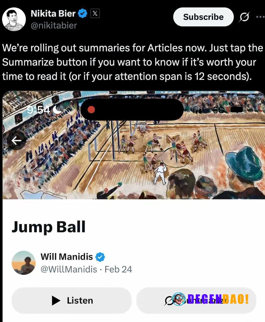 X Rolls Out Article Summary Feature Source: https://x.com/nikitabier/status/2034675770875158973 _ 〽️ Crypto Pulse 👉 @deg...