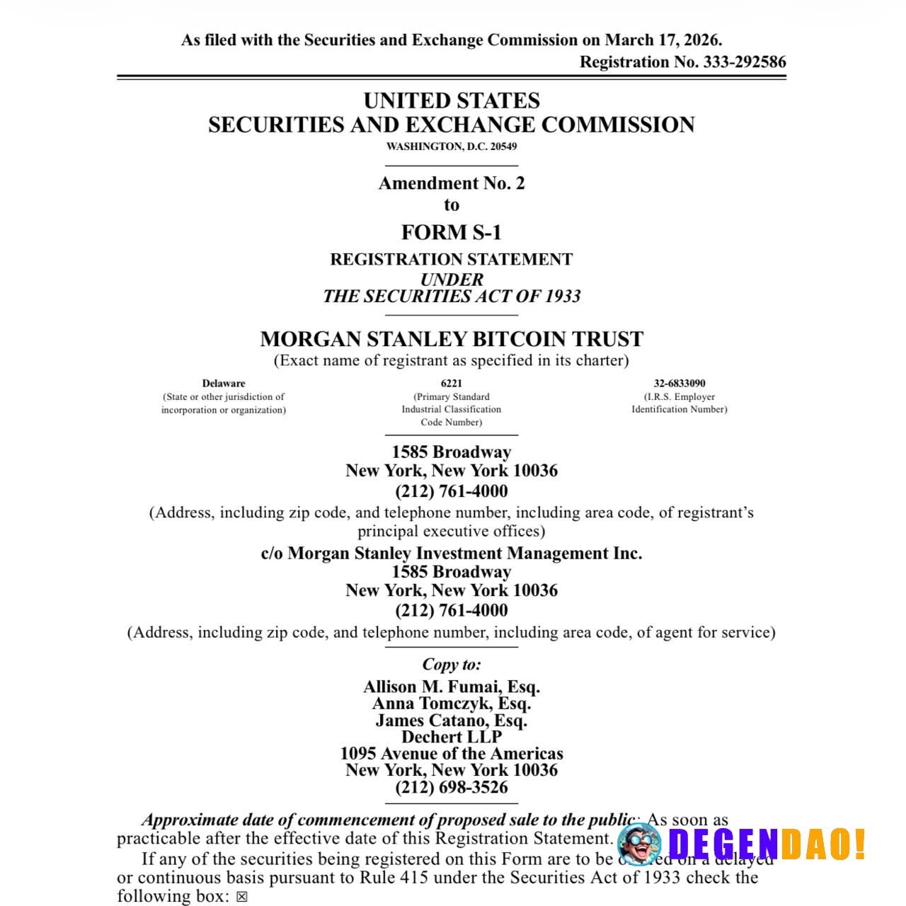 🚨 NEW: Morgan Stanley has filed an S-1 for a spot Bitcoin ETF under the ticker MSBT. _ 〽️ Crypto Pulse 👉 @degendaoinfo