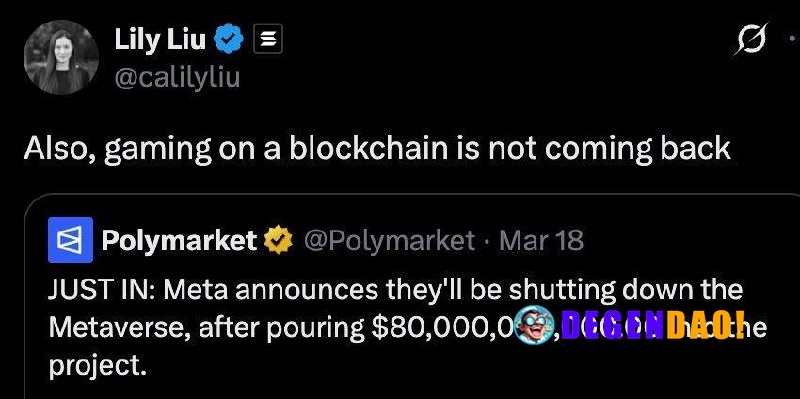 Solana Foundation’s Lily Liu Says Gaming On a Blockchain is Not Coming Back Source: https://x.com/calilyliu/status/20349...