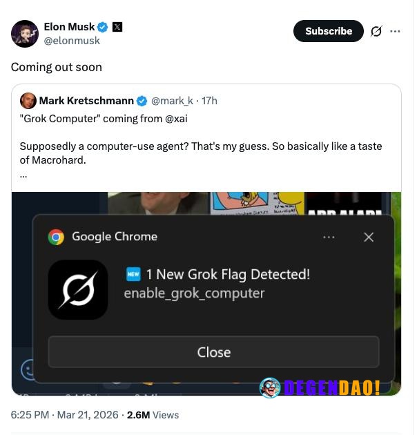 🔥 NOW: Elon Musk confirms "Grok Computer" from xAI is coming soon. _ 〽️ Crypto Pulse 👉 @degendaoinfo