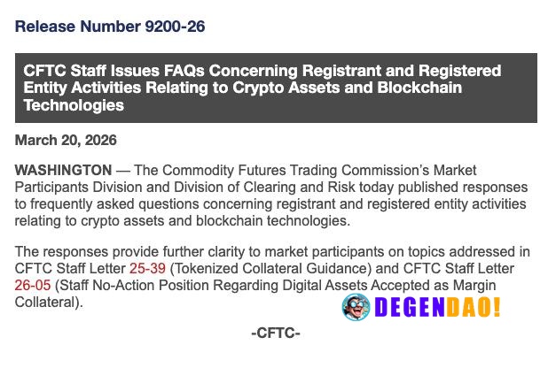 🇺🇸 BIG: CFTC staff issues FAQs clarifying crypto asset and blockchain activities for registered entities, covering token...