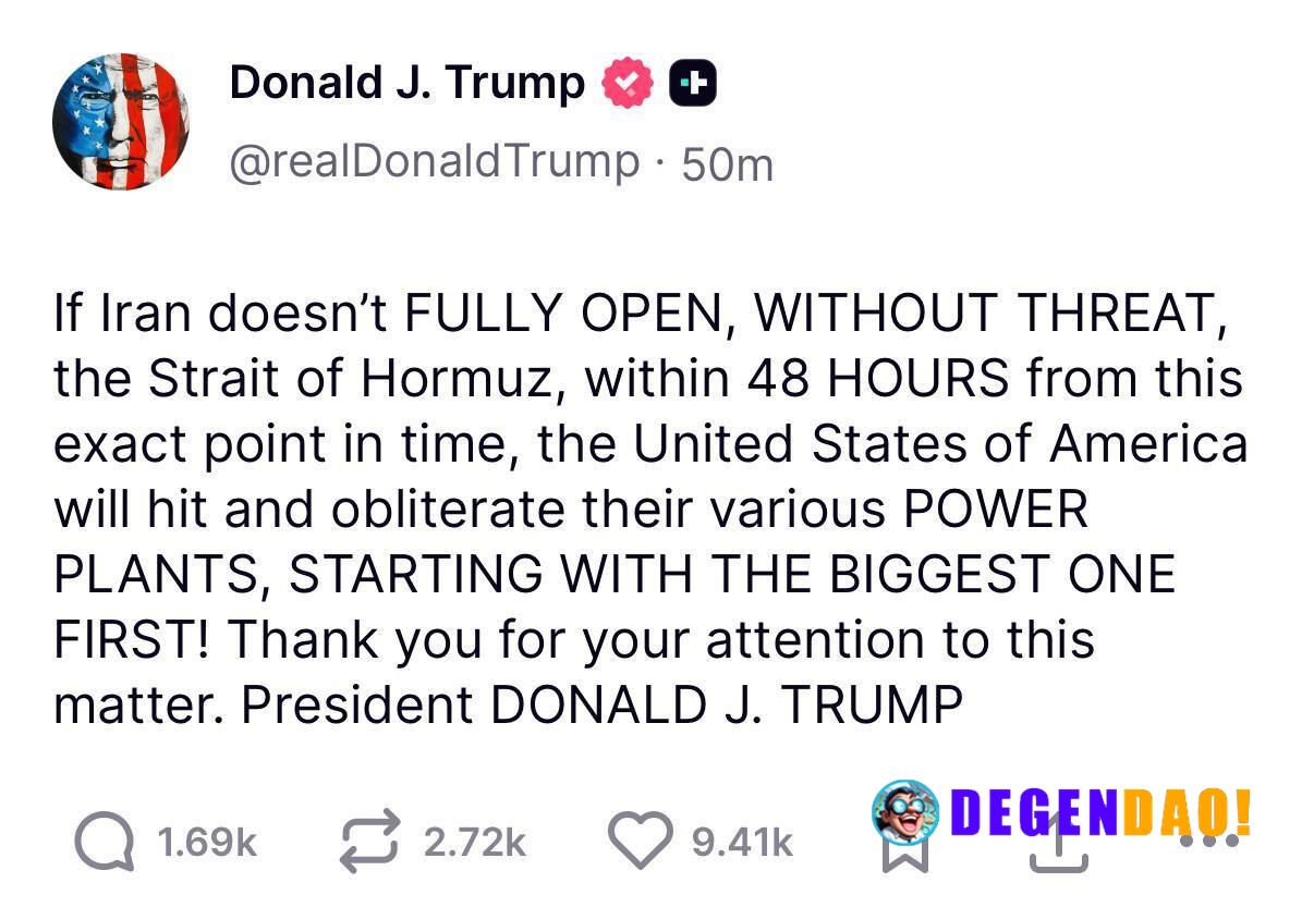 🚨 JUST IN: President Trump threatens to strike Iran’s power plants if the Strait of Hormuz isn’t fully opened within 48 ...