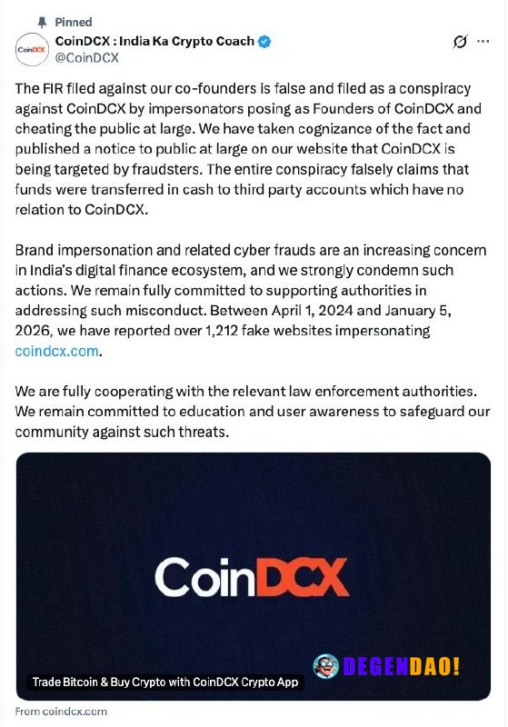 🚨 LATEST: CoinDCX co-founders have been arrested by Indian police on criminal breach of trust charges. CoinDCX denies th...