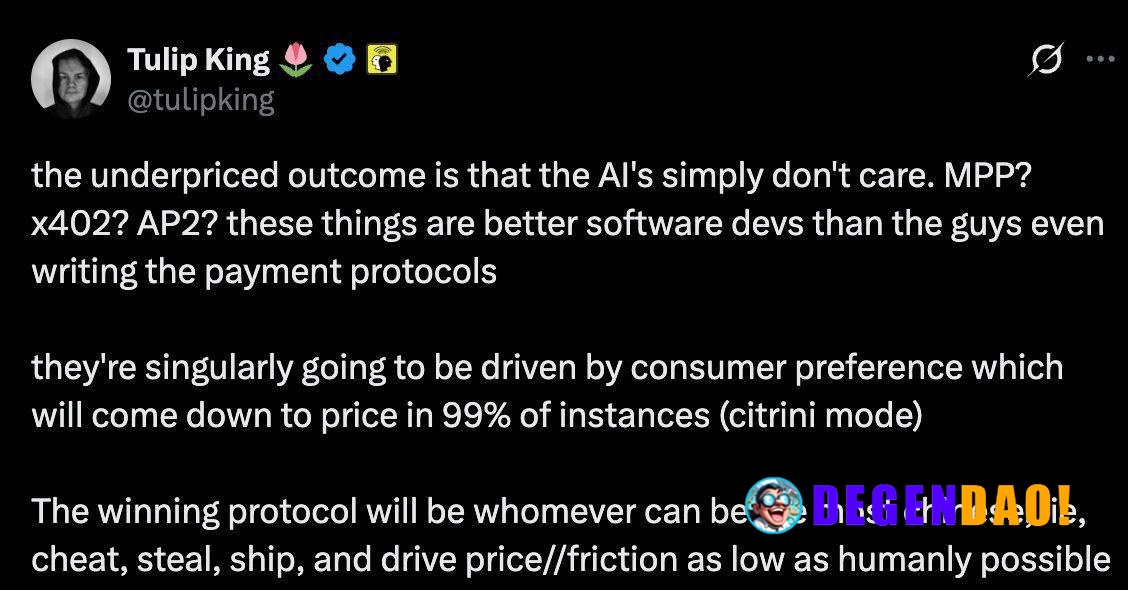 On Who Wins the Agentic Commerce? > “AI's simply don't care. MPP? x402? AP2? these things are better software devs than ...