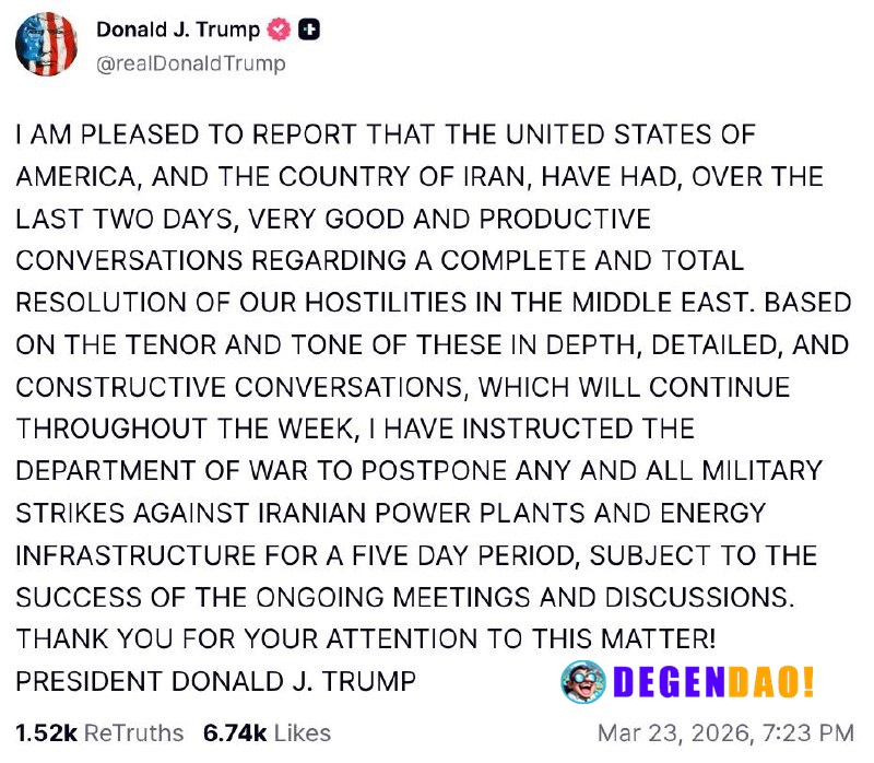 🚨 BREAKING: Trump orders 5-day pause on strikes against Iran after “productive” talks. $269M of shorts rekt in 60 mins _...