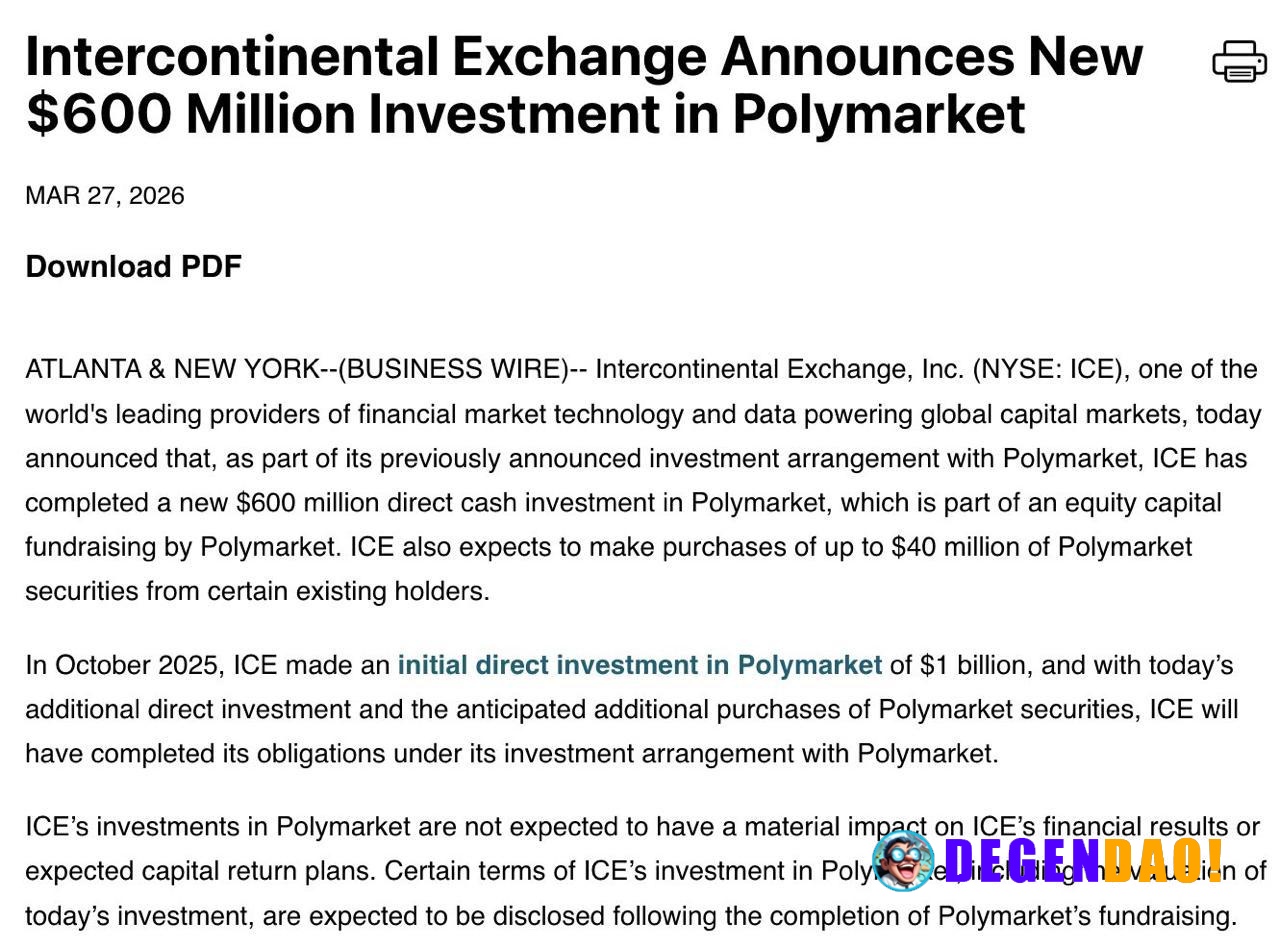 Intercontinental Exchange Announces New $600 Million Investment in Polymarket > Intercontinental Exchange (ICE) complete...