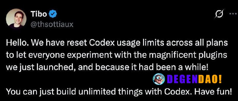 Codex Resets Usage Limits Across All Plans Source: https://x.com/thsottiaux/status/2037346989244096581 _ 〽️ Crypto Pulse...