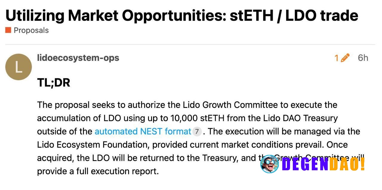 Lido DAO Proposal: Utilizing Market Opportunities - stETH / LDO Trade > A proposal to authorize the Lido Growth Committe...