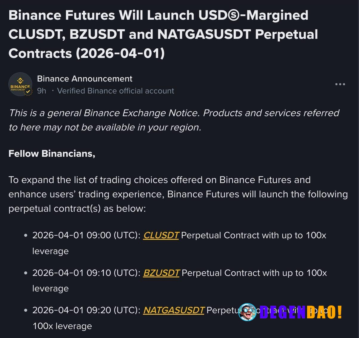 Binance will Launch CLUSDT, BZUSDT, and NATGASUSDT Perpetual Futures on April 1 offering up to 100x leverage. Source: ht...