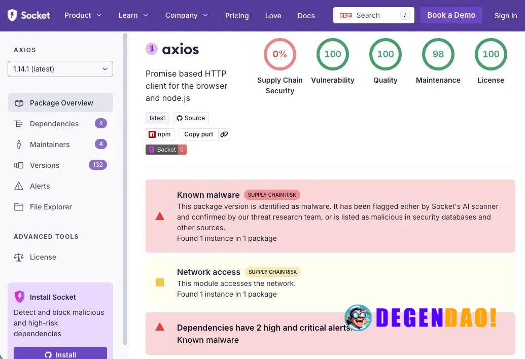 🚨 ALERT: An active supply chain attack was detected on axios@1.14.1, per Socket. A malicious package flagged as malware ...