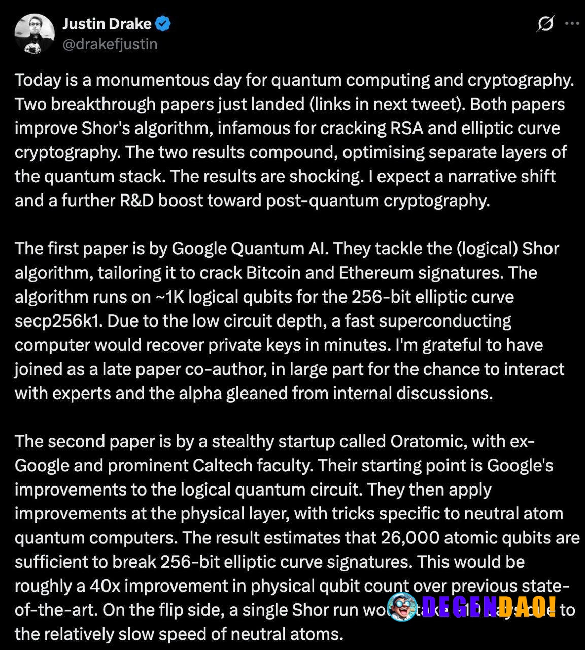 Justin Drake Raises q-Day Odds to 10% by 2032 After New Quantum Papers by Google & Oratomic > “My confidence in q-day by...