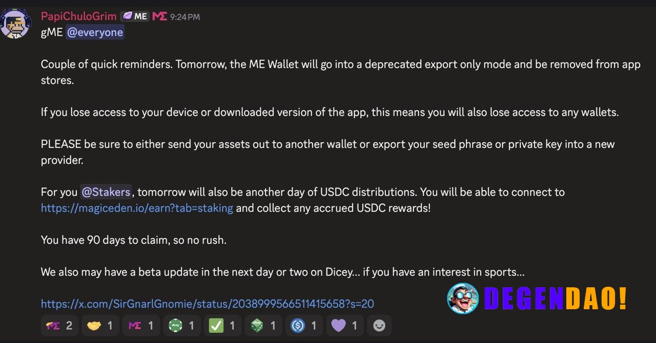 Magic Eden ME Wallet will Go Into a Deprecated Export Only Mode and Be Removed from App Stores Tomorrow > Users are urge...