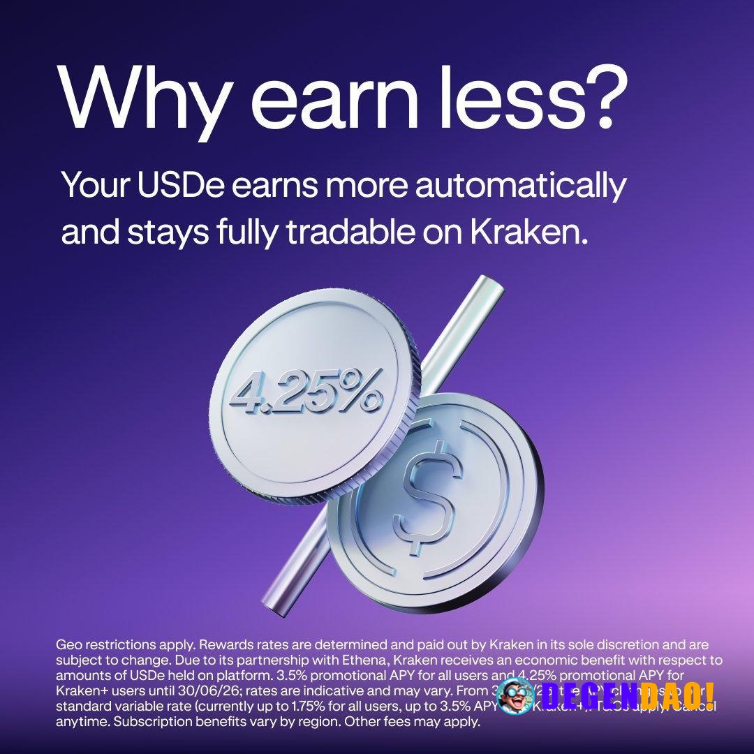USDe Stablecoin Rewards Now Live on Kraken “Earn up to 4.25% APY on USDe automatically” Source: https://x.com/krakenfx/s...