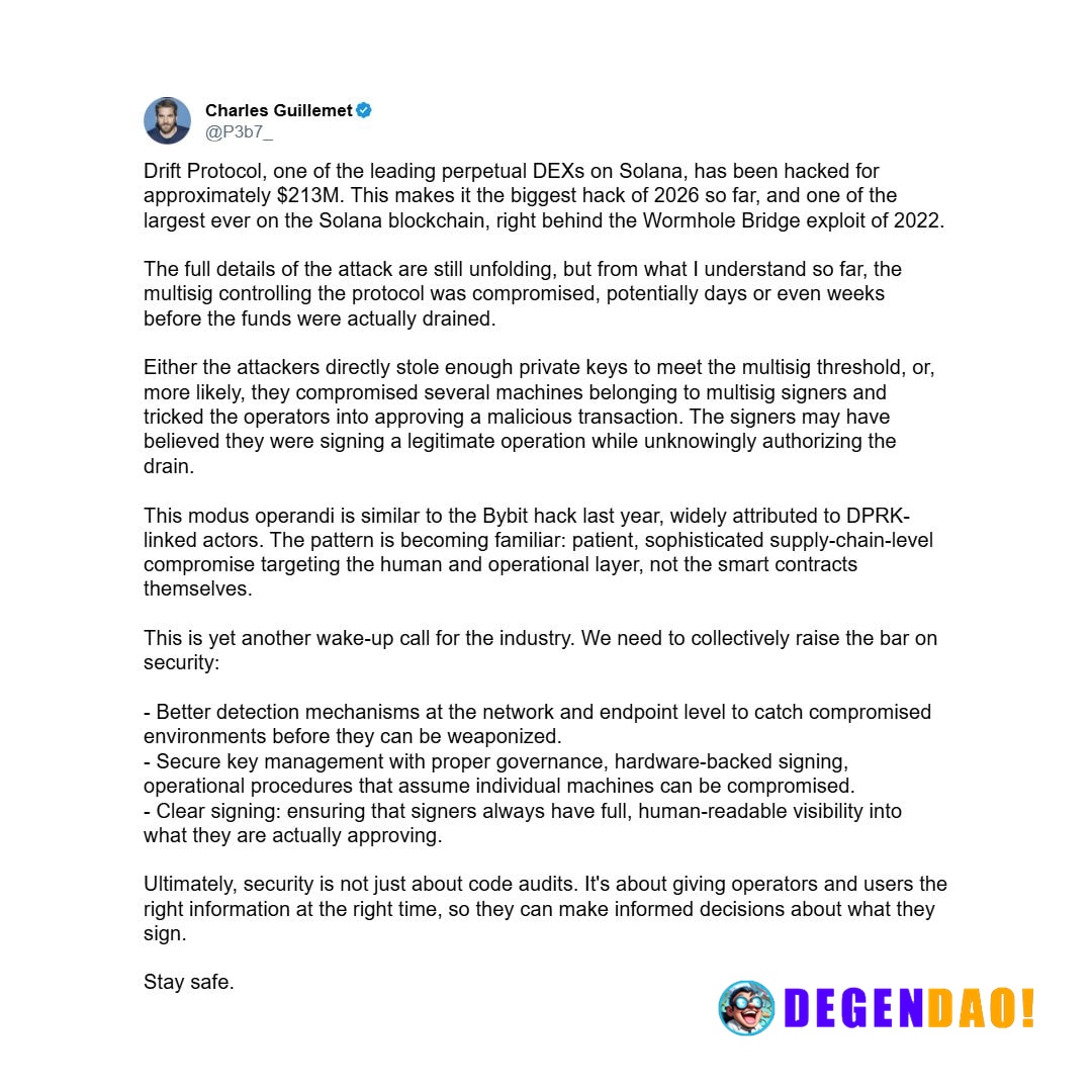 🚨 LATEST: Ledger CTO suspects $280M Drift Protocol hack linked to North Korea threat actors. _ 〽️ Crypto Pulse 👉 @degend...