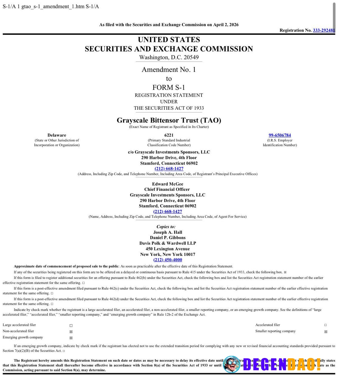 🚨 UPDATE: Grayscale files S-1 amendment for its Bittensor ($TAO) trust. _ 〽️ Crypto Pulse 👉 @degendaoinfo