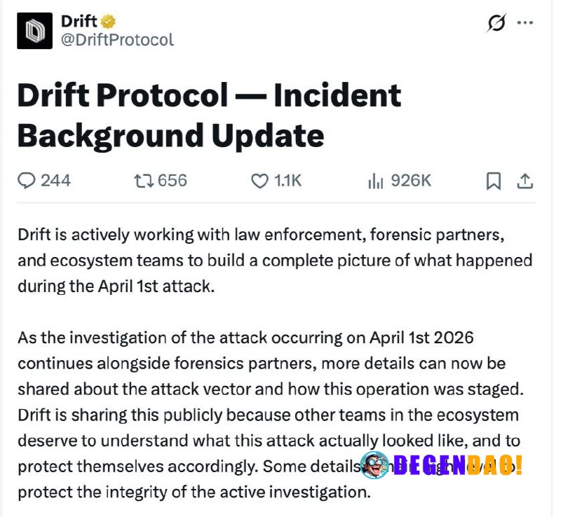 🚨 EXPLOIT: Drift Protocol hit with ~$280M hack after months-long infiltration. _ 〽️ Crypto Pulse 👉 @degendaoinfo