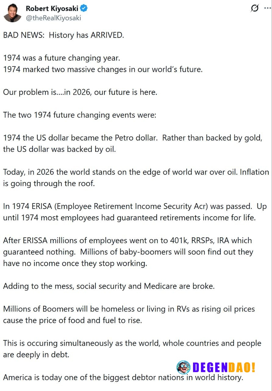 🚨 INSIGHT: Robert Kiyosaki says 1974 monetary shift is driving today’s inflation and retirement risks, backing Bitcoin, ...