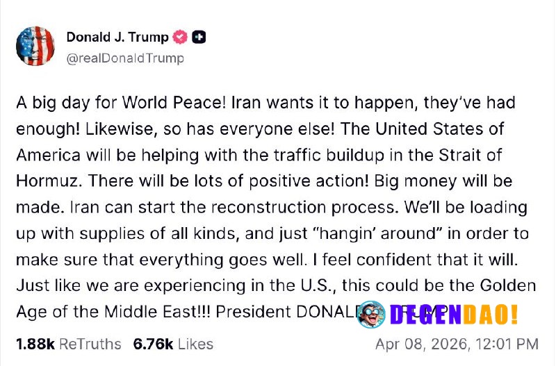 🇺🇸 NOW: Trump says the US will help manage traffic through the Strait of Hormuz, calling it a "big day for World Peace" ...