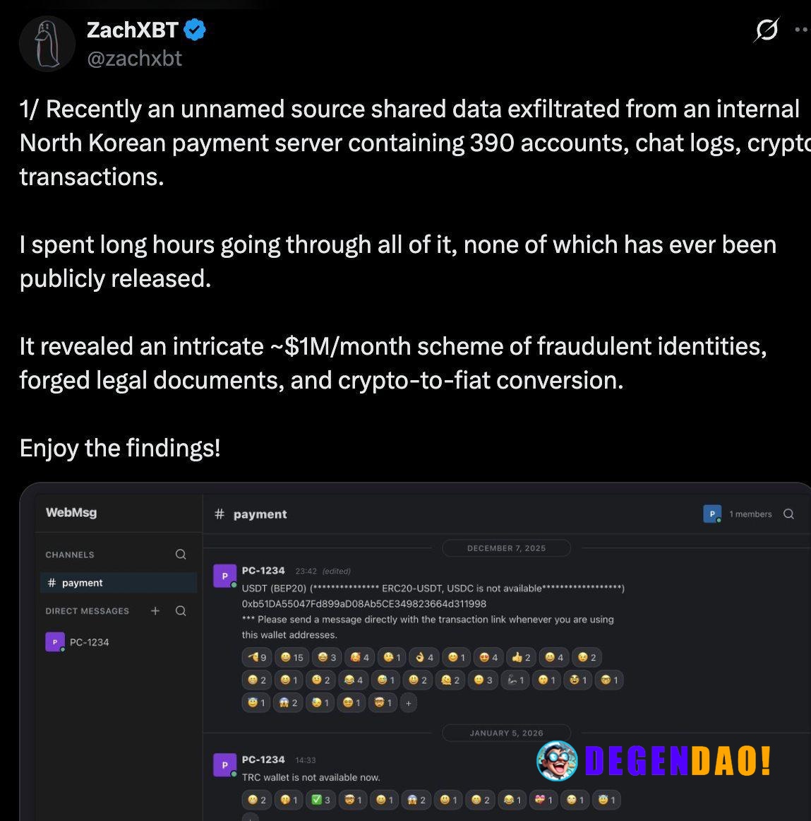 ZachXBT Exposes $1M/Month North Korean Crypto Fraud Scheme > ZachXBT analyzed leaked data from a North Korean internal p...