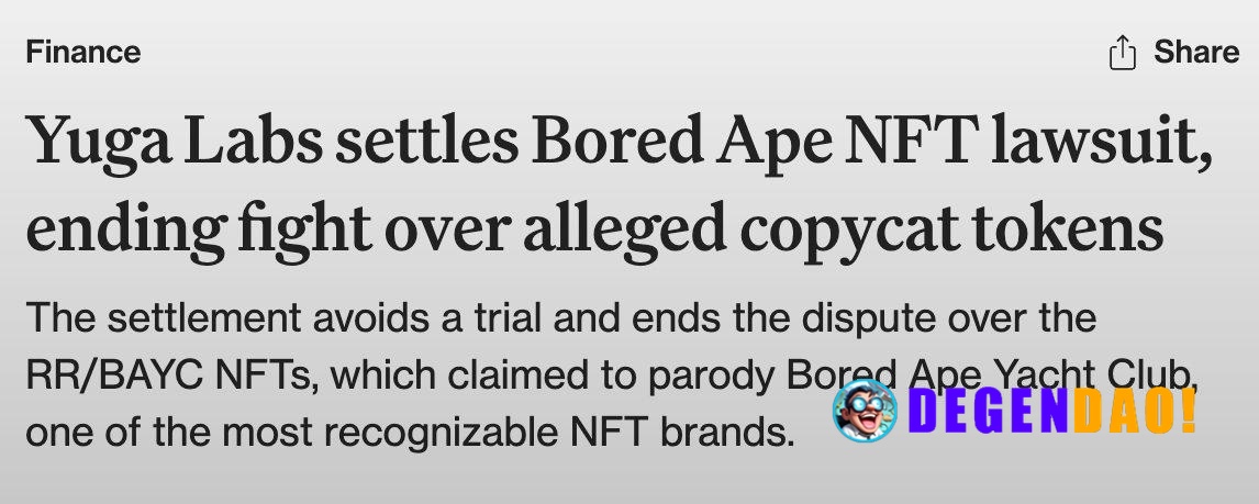 Yuga Labs Settles Bored Ape NFT Lawsuit, Ending Fight Over Alleged Copycat Tokens > The settlement avoids a trial and en...