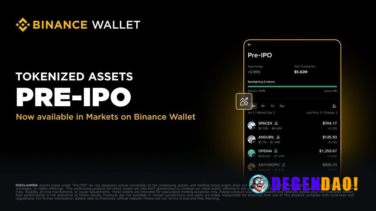 Binance Wallet Adds Pre-IPO Asset Discovery Feature > Binance now lets users explore on-chain pre-IPO assets directly wi...