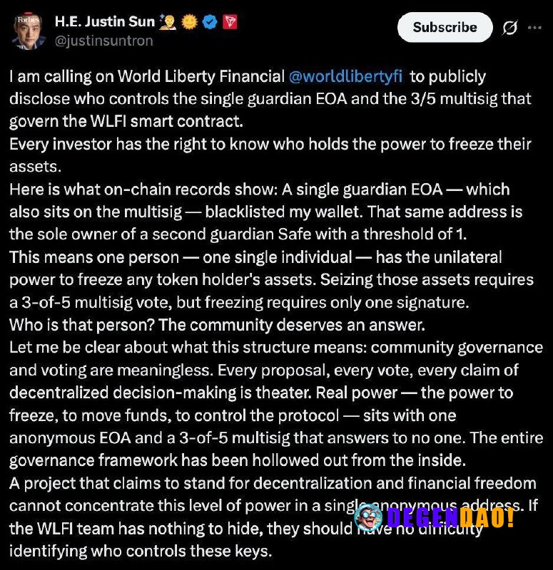 Justin Sun Urges World Liberty Financial to Disclose Control of Guardian Wallet and Multisig Governance > “Every investo...