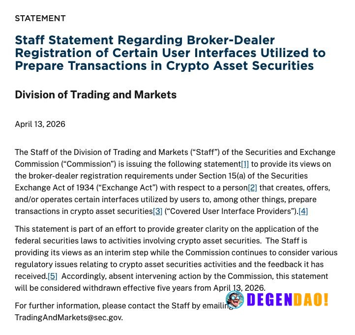 JUST IN: 🇺🇸 SEC staff outlines conditions for crypto trading apps and wallets to avoid broker-dealer registration. _ 〽️ ...