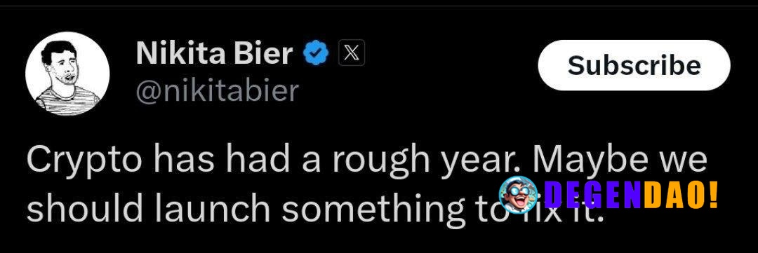 Nikita: Crypto Has Had a Rough Year. Maybe We Should Launch Something to Fix It Source: https://x.com/nikitabier/status/...