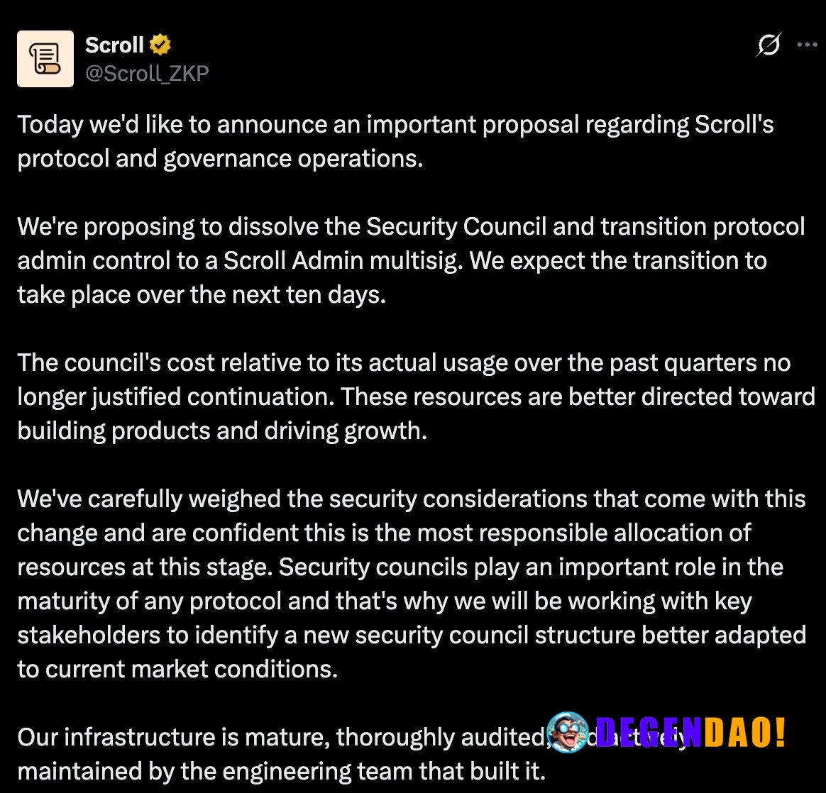 Scroll Proposes Dissolving Its Security Council and Transition Protocol Admin Control to a Scroll Admin Multisig. Transi...