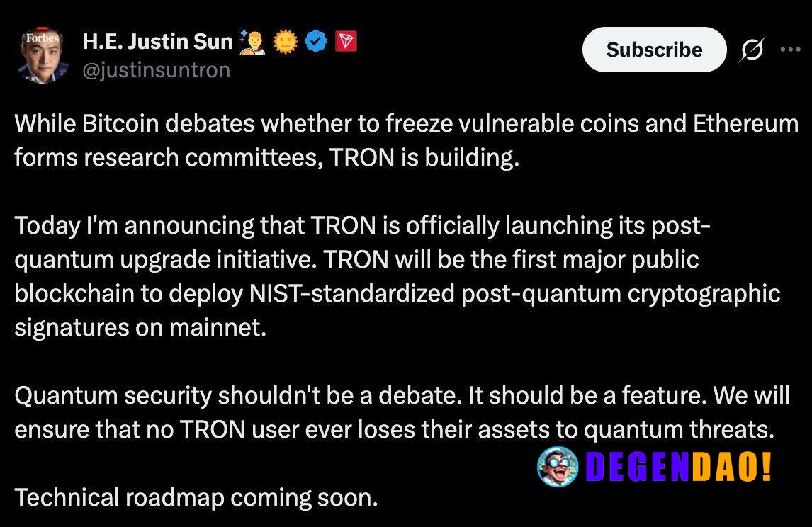 Justin Sun Announces TRON is Launching Its Post-Quantum Upgrade Initiative > TRON will be the first major public blockch...