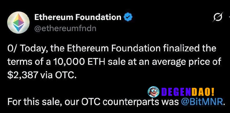 Ethereum Foundation Finalizes 10,000 ETH OTC Sale At An Average Price of $2,387 with BitMNR Source: https://x.com/ethere...