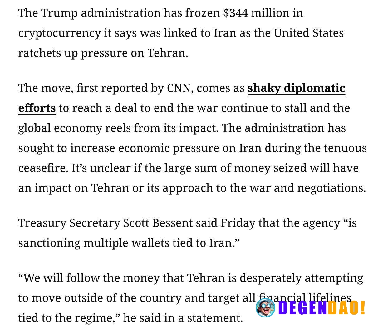 US freezes $344 million in cryptocurrency said to be linked to Iran > The Trump administration has frozen $344 million i...