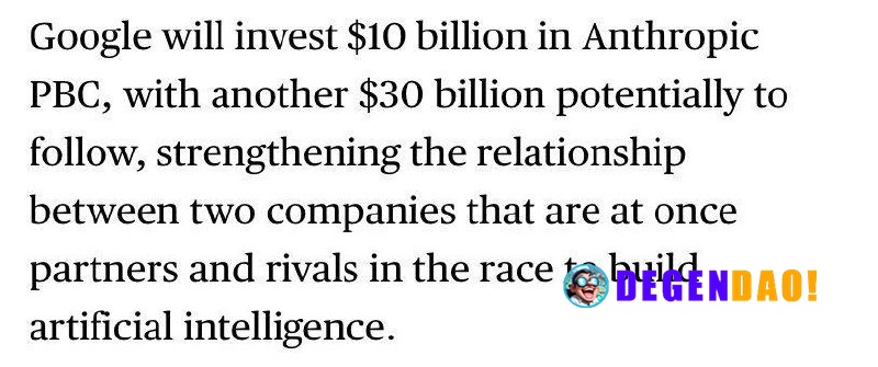 Google Plans to Invest Up to $40B in Anthropic > Google is investing $10 Billion in Anthropic at a ~$350B valuation, wit...