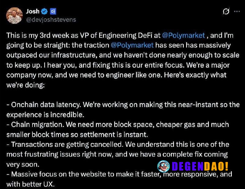 Polymarket Working on Chain Migration > “We need more block space, cheaper gas and much smaller block times so settlemen...