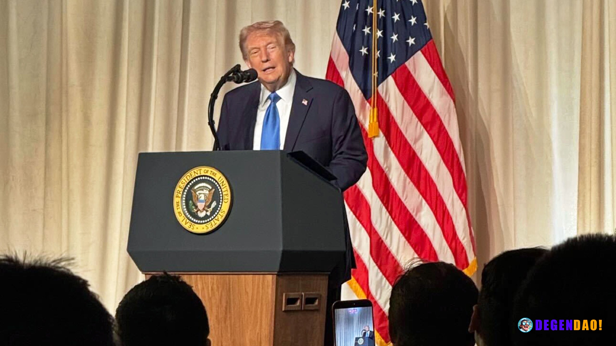 Trump defends crypto legislation at private event featuring boxer Mike Tyson, Tether CEO President Donald Trump, at a Ma...