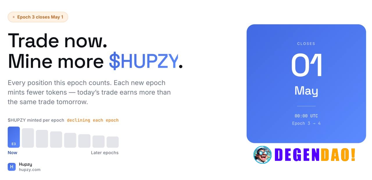 Epoch 3 ends May 1 ⏳ $HUPZY is getting harder to mine Same 21M fixed supply — fewer rewards left If you thought Epoch 3 ...