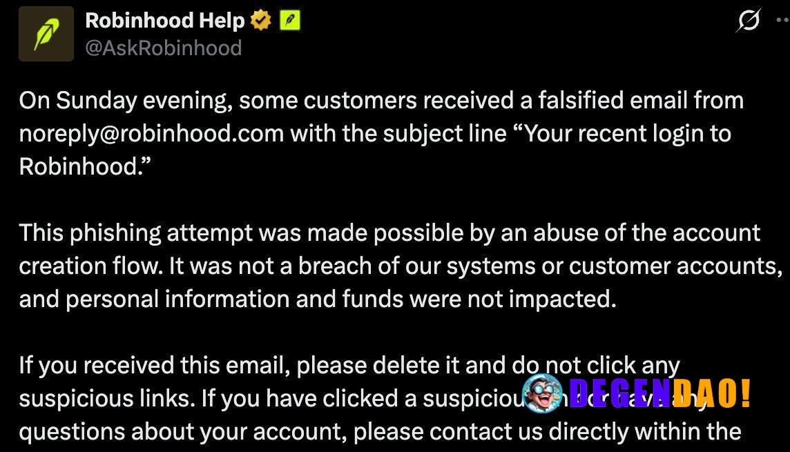 Robinhood Warns of Phishing Emails via Account Creation Exploit, Confirms No Data Breach > On Sunday evening, some custo...