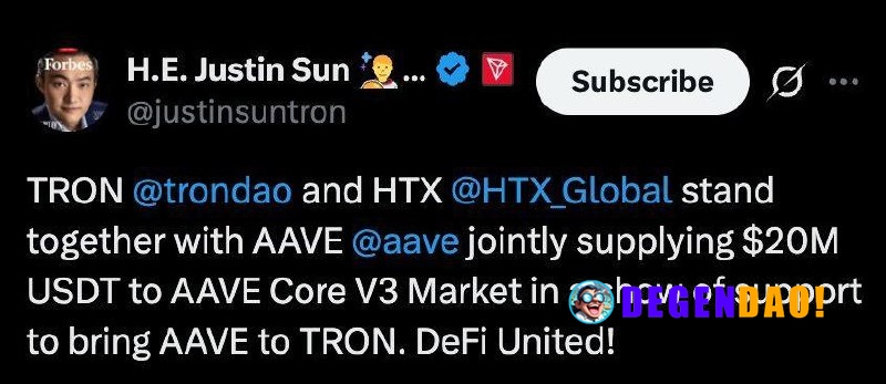 TRON and HTX Jointly Supply $20M USDT to AAVE Core V3 Market in DeFi United Push Source: https://x.com/justinsuntron/sta...