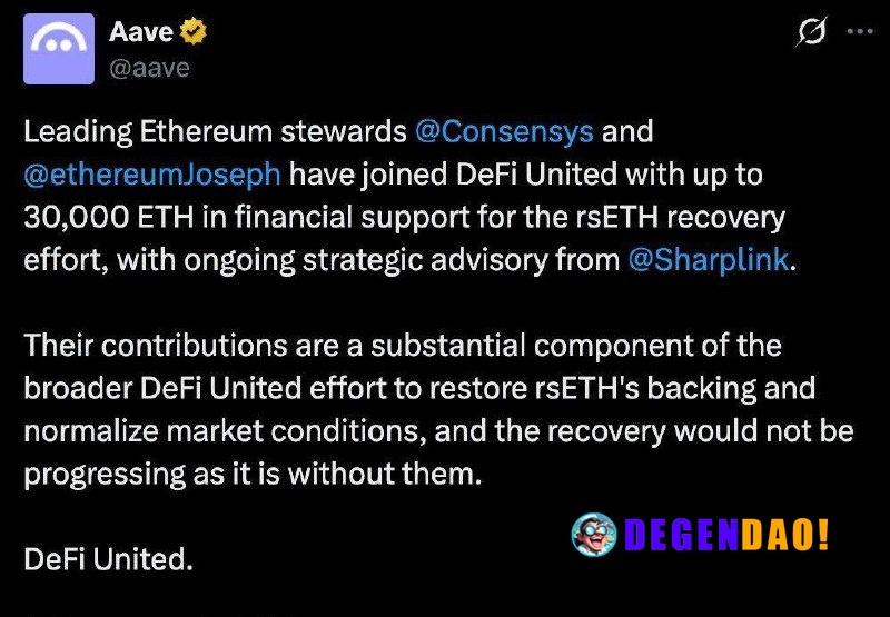 Consensys and Joseph Lubin Pledge Up to 30K ETH to Aave’s DeFi United rsETH Recovery Effort Source: https://x.com/aave/s...