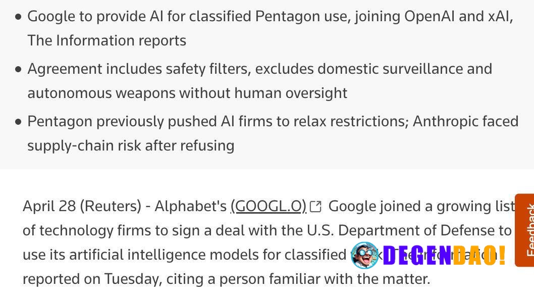 Google Signs Classified AI Deal with Pentagon > Google has joined a growing ‌list of tech firms to sign a deal with the ...