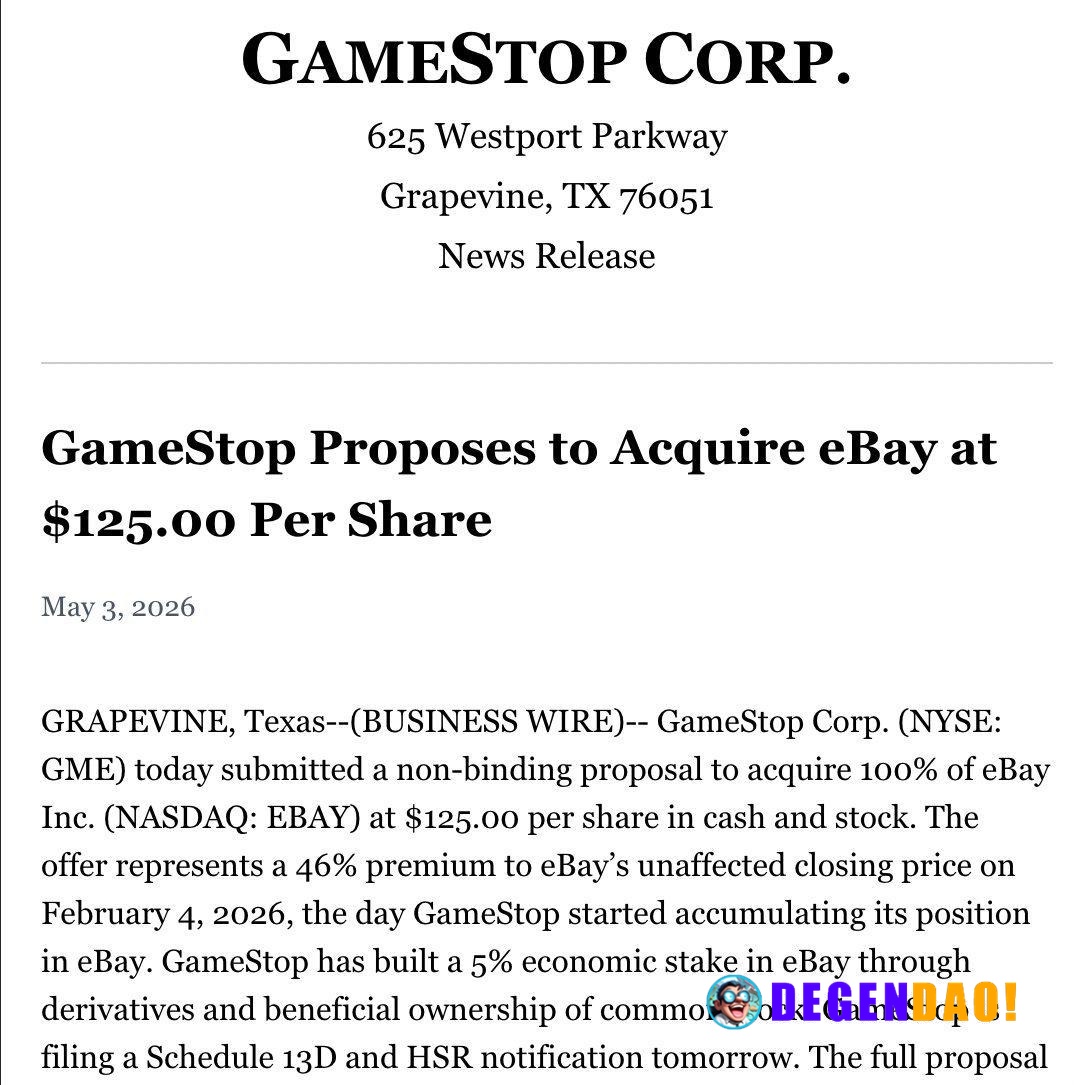 GameStop Proposes to Acquire eBay at $125.00 Per Share > GameStop has proposed a $55.5B acquisition of eBay at $125 per ...