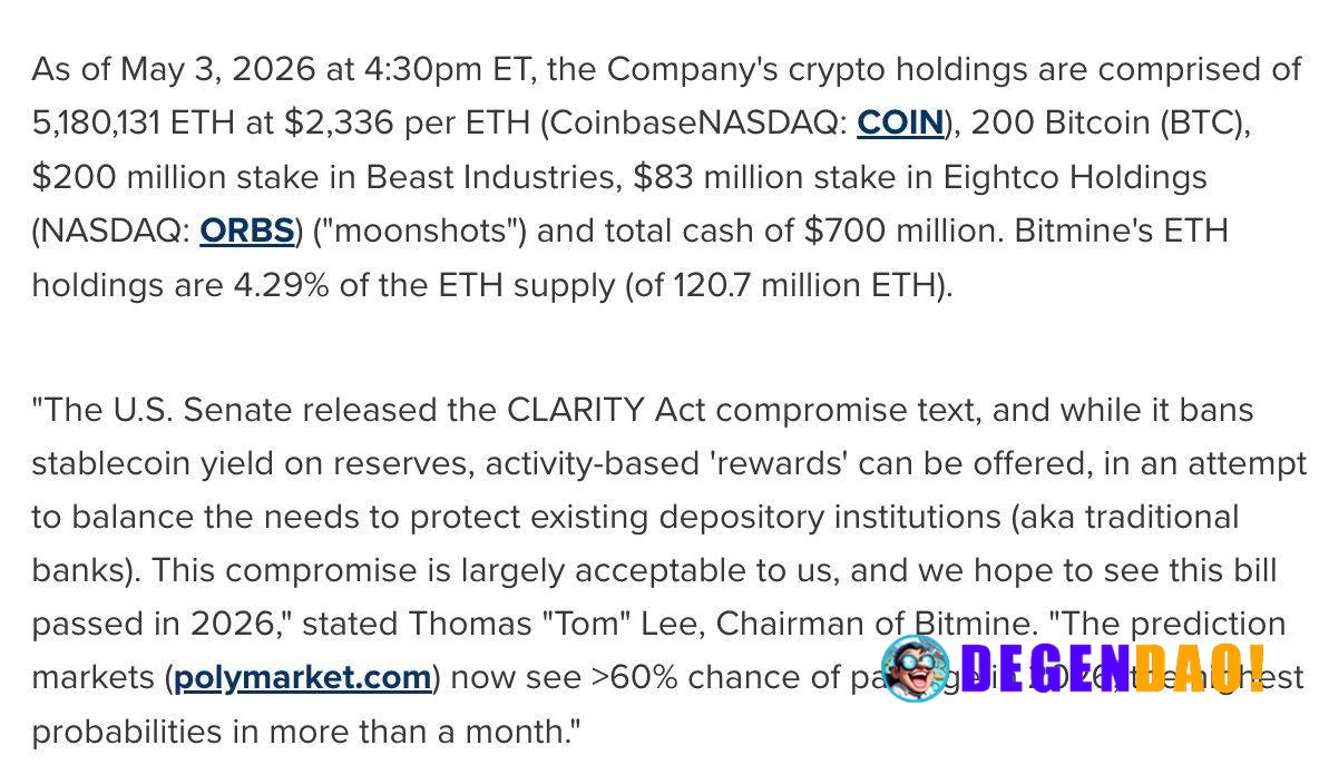 Bitmine Has Added Additional 101,745 ETH, and Now Holds 5,180,131 ETH Source: https://www.prnewswire.com/news-releases/b...