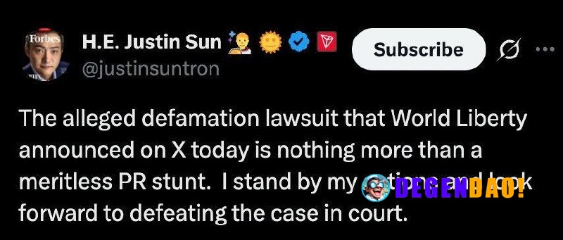 Justin Sun Says WLFI Defamation Lawsuit is Nothing More Than a Meritless PR Stunt Source: https://x.com/justinsuntron/st...