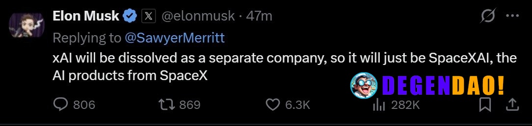 🚨 MUSK: "xAI will be dissolved as a separate company, so it will just be SpaceXAI, the AI products from SpaceX." _ 〽️ Cr...