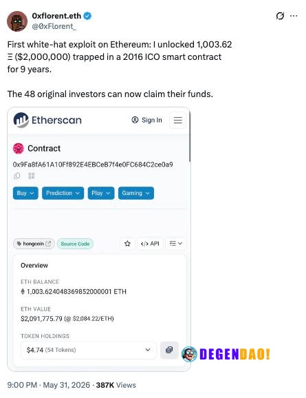 🔥 TODAY: A developer known as Florent rescued 1,003 ETH worth $2M that had been locked in a 2016 ICO smart contract for ...