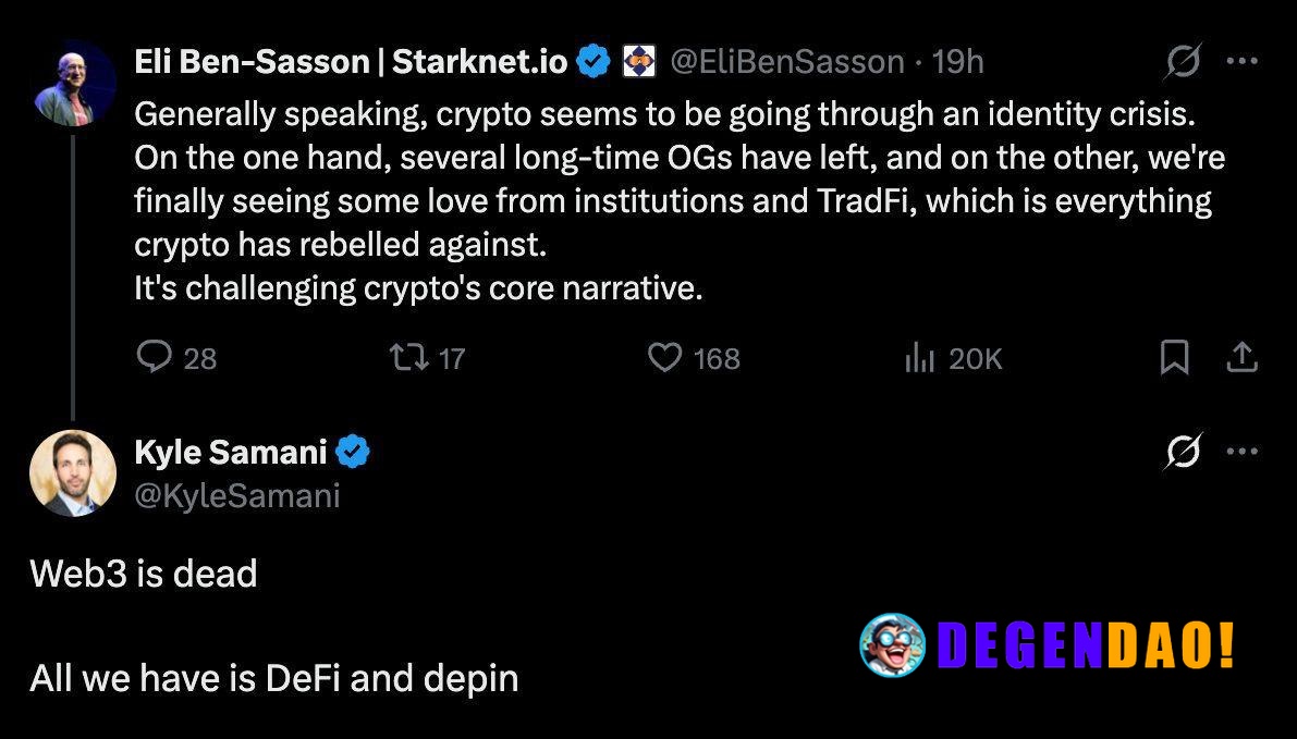 Kyle Samani: Web3 is Dead. All We Have is DeFi and Depin > Starknet co-founder Eli Ben-Sasson says crypto is experiencin...